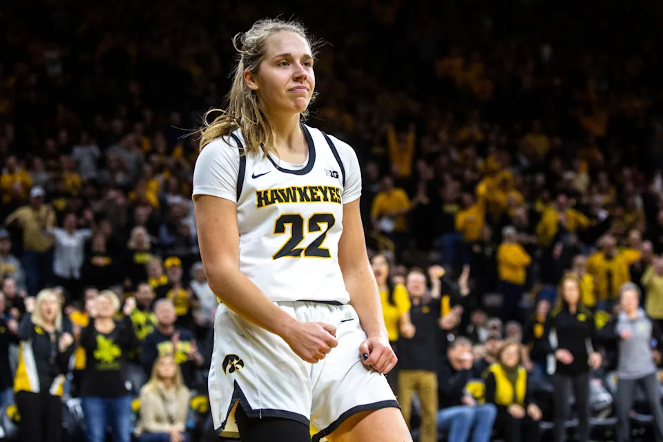 Iowa guard Kathleen Doyle (22) reacts after drawing a foul during a NCAA Big Ten Conference women's basketball game, Sunday, Jan. 26, 2020, at Carver-Hawkeye Arena in Iowa City, Iowa.
200125 Michigan St Iowa Wbb 002 Jpg