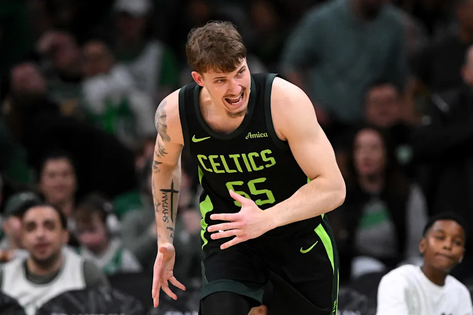 BOSTON, MASSACHUSETTS - APRIL 13: Baylor Scheierman #55 of the Boston Celtics reacts after making a three-point basket against the Charlotte Hornets during second half at the TD Garden on April 13, 2025 in Boston, Massachusetts. NOTE TO USER: User expressly acknowledges and agrees that, by downloading and or using this photograph, User is consenting to the terms and conditions of the Getty Images License Agreement. (Photo by Brian Fluharty/Getty Images)
