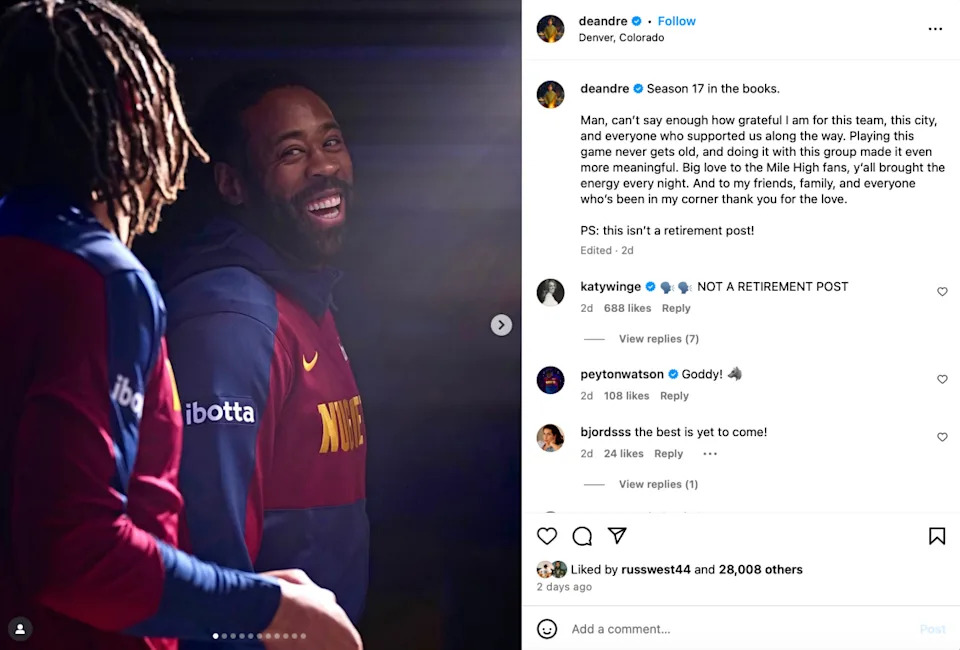 Denver Nuggets center Deandre Jordan posts on Instagram.deandre &sol; Instagram