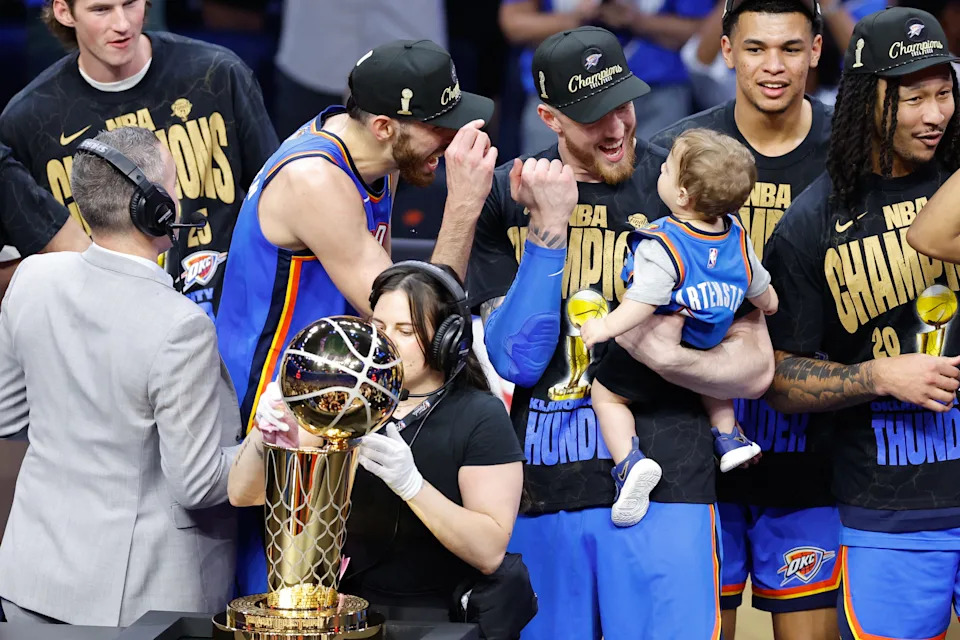 Jun 22, 2025; Oklahoma City, Oklahoma, USA; Oklahoma City Thunder forward Chet Holmgren (7) and center Isaiah Hartenstein (55) after winning game seven of the 2025 NBA Finals against the Indiana Pacers at Paycom Center. Mandatory Credit: Alonzo Adams-Imagn Images