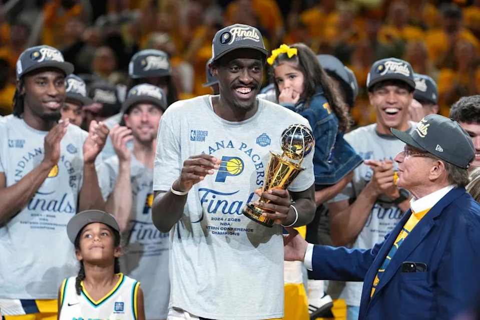 Pascal Siakam holds the Eastern Conference finals MVP trophy after the Pacers’ series-clinching Game 6 victory over the Knicks. AP