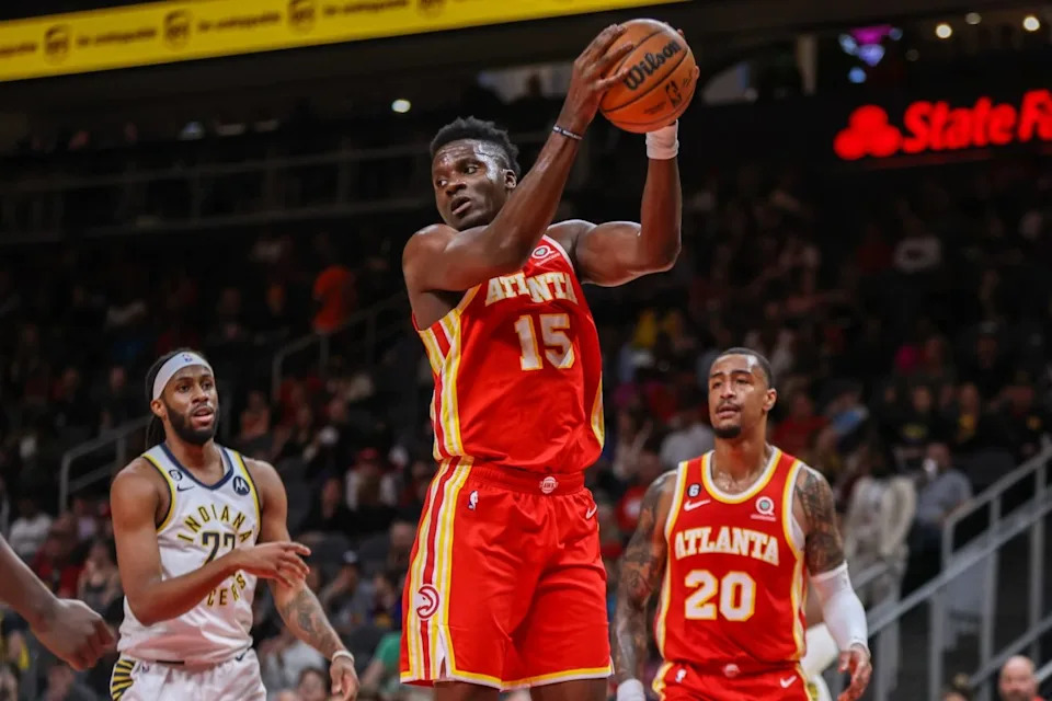 Mar 25, 2023; Atlanta, Georgia, USA; Atlanta Hawks center Clint Capela (15) grabs a rebound against the Indiana Pacers in the first quarter at State Farm Arena.Mandatory Credit: Brett Davis-Imagn Images