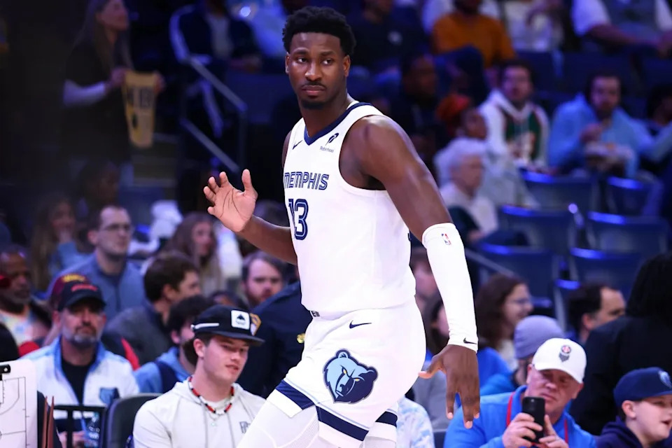 Memphis, Tennessee, USA; Memphis Grizzlies forward Jaren Jackson Jr. (13) stretches prior to the game against the Atlanta Hawks at FedExForum. Mandatory Credit: Petre Thomas-Imagn ImagesMandatory Credit&colon; Petre Thomas-Imagn Images