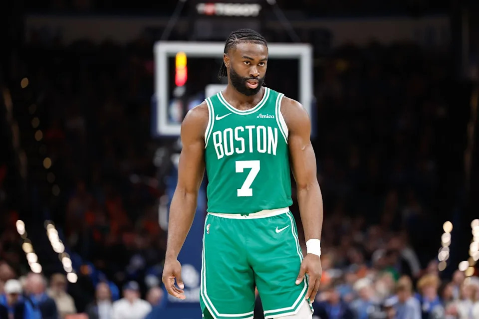 Boston Celtics guard Jaylen Brown (7) during Oklahoma City Thunder free throws in the fourth quarter at Paycom Center. Alonzo Adams-Imagn Images
