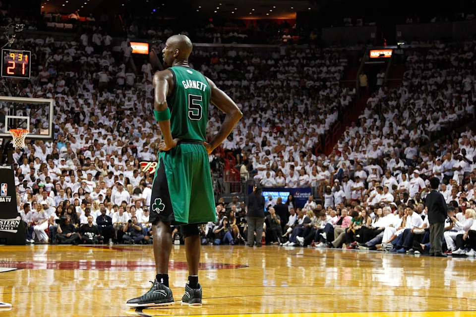 MIAMI, FL - MAY 30: Kevin Garnett #5 of the Boston Celtics looks on against the Miami Heat in Game Two of the Eastern Conference Finals in the 2012 NBA Playoffs on May 30, 2012 at American Airlines Arena in Miami, Florida. NOTE TO USER: User expressly acknowledges and agrees that, by downloading and or using this photograph, User is consenting to the terms and conditions of the Getty Images License Agreement. (Photo by Mike Ehrmann/Getty Images)