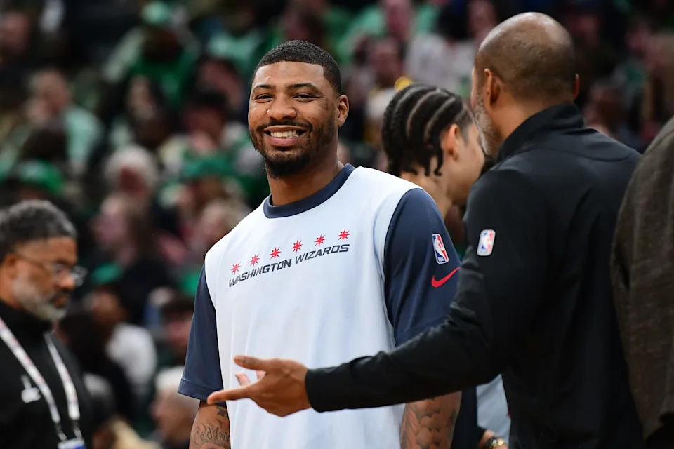 Apr 6, 2025; Boston, Massachusetts, USA; Washington Wizards guard Marcus Smart (36) smiles during a timeout in the first half again the Boston Celtics at TD Garden. Mandatory Credit: Bob DeChiara-Imagn Images