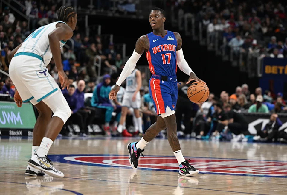 Detroit Pistons newly acquired guard, Dennis Schroder (17) dribbles the ball up the court in the second quarter at Little Caesars Arena.Lon Horwedel-Imagn Images