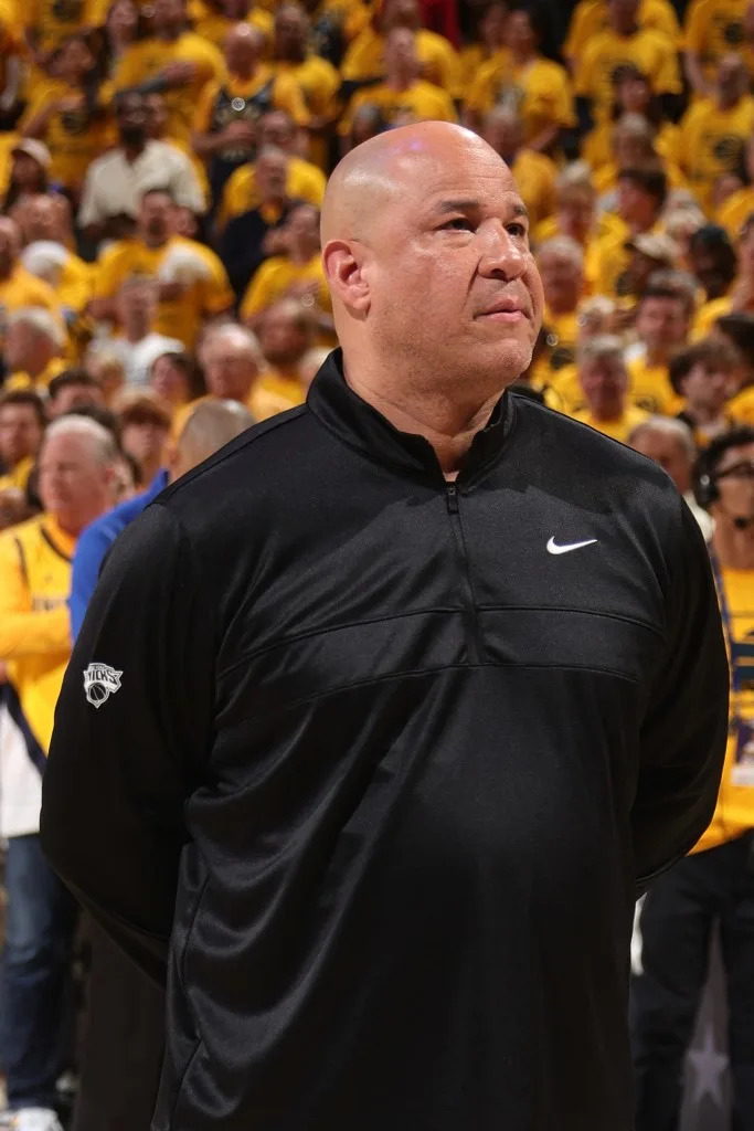 Assistant coach Rick Brunson of the New York Knicks looks on <br>during the game against the Indiana Pacers during Game 6 <br>of the 2025 Eastern Conference finals on May 31. NBAE via Getty Images