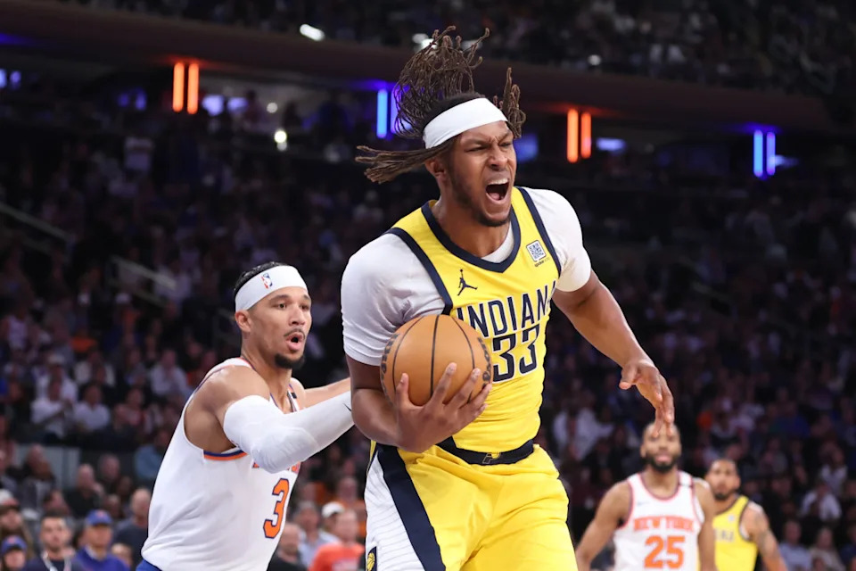 Indiana Pacers center Myles Turner (33) controls the rebound against New York Knicks guard Josh Hart (3). Mandatory Credit&colon; Wendell Cruz-Imagn Images