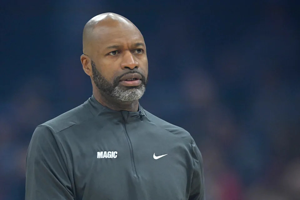 Orlando Magic head coach Jamahl Mosley stands on the court in the first quarter against the Cleveland Cavaliers at Rocket Arena.David Richard-Imagn Images