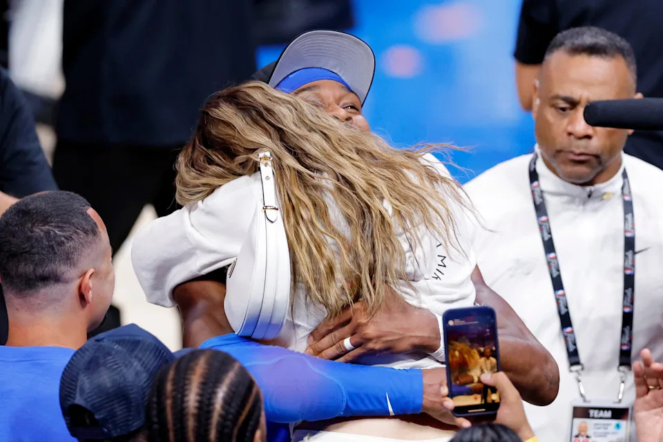 Jun 22, 2025; Oklahoma City, Oklahoma, USA; Oklahoma City Thunder guard Shai Gilgeous-Alexander (2) celebrates with his wife Hailey Summers after winning game seven of the 2025 NBA Finals against the Indiana Pacers at Paycom Center. Mandatory Credit: Alonzo Adams-Imagn Images