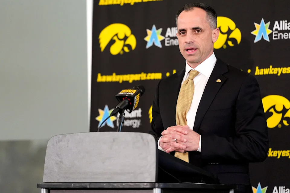 Ben McCollum, Iowa's new head men's basketball coach, speaks during his introductory press conference Tuesday, March 25, 2025 at Carver-Hawkeye Arena in Iowa City, Iowa.