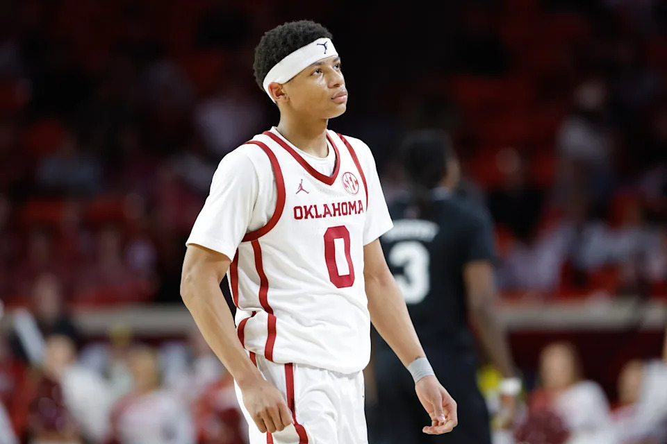 Feb 22, 2025; Norman, Oklahoma, USA; Oklahoma Sooners guard Jeremiah Fears (0) looks at the fans during the second half against the Mississippi State Bulldogs at Lloyd Noble Center. Mandatory Credit: Alonzo Adams-Imagn Images