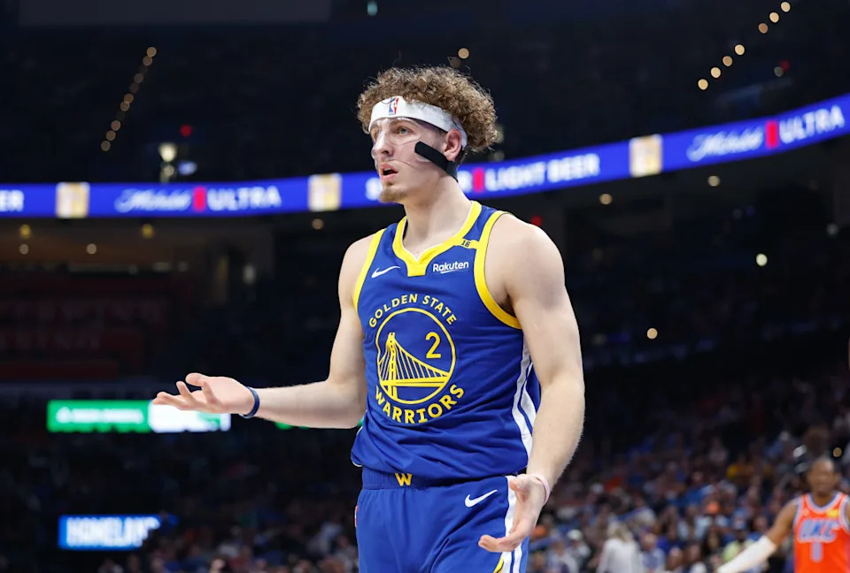 Nov 10, 2024; Oklahoma City, Oklahoma, USA; Golden State Warriors guard Brandin Podziemski (2) reacts to an officials call after a play against the Oklahoma City Thunder during the second quarter at Paycom Center. © Alonzo Adams-Imagn Images