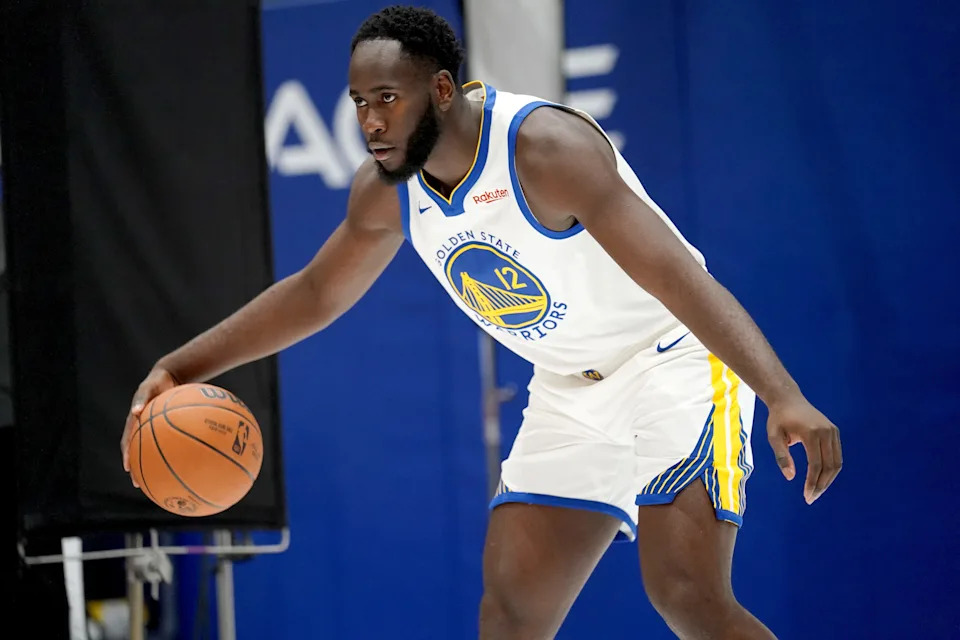 Oct 2, 2023; San Francisco, CA, USA; Golden State Warriors forward Usman Garuba (12) dribbles the ball during Media Day at the Chase Center. Mandatory Credit: Cary Edmondson-USA TODAY Sports