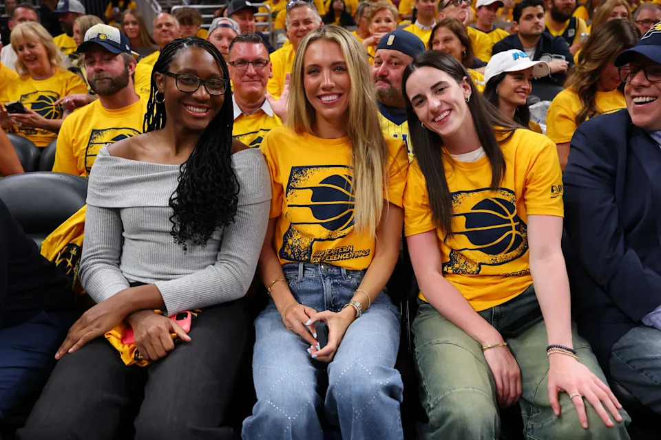 Aliyah Boston, Lexie Hull and Caitlin Clark of the Indiana Fever attend Game Six of the Eastern Conference Finals of the 2025 NBA Playoffs between the New York Knicks and the Indiana Pacers at Gainbridge Fieldhouse on May 31, 2025 in Indianapolis, Indiana.