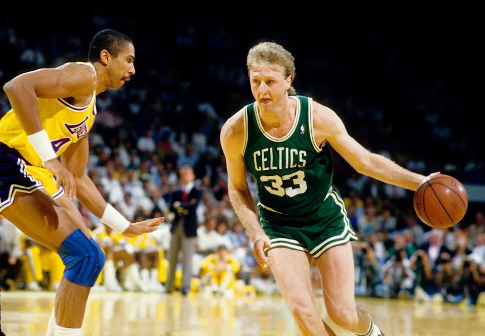 Jun 1987; Los Angeles, CA, USA; FILE PHOTO; Boston Celtics forward Larry Bird (33) in action against the Los Angeles Lakers during the 1987 NBA Finals at the Great Western Forum. Mandatory Credit: Richard Mackson-USA TODAY Sports