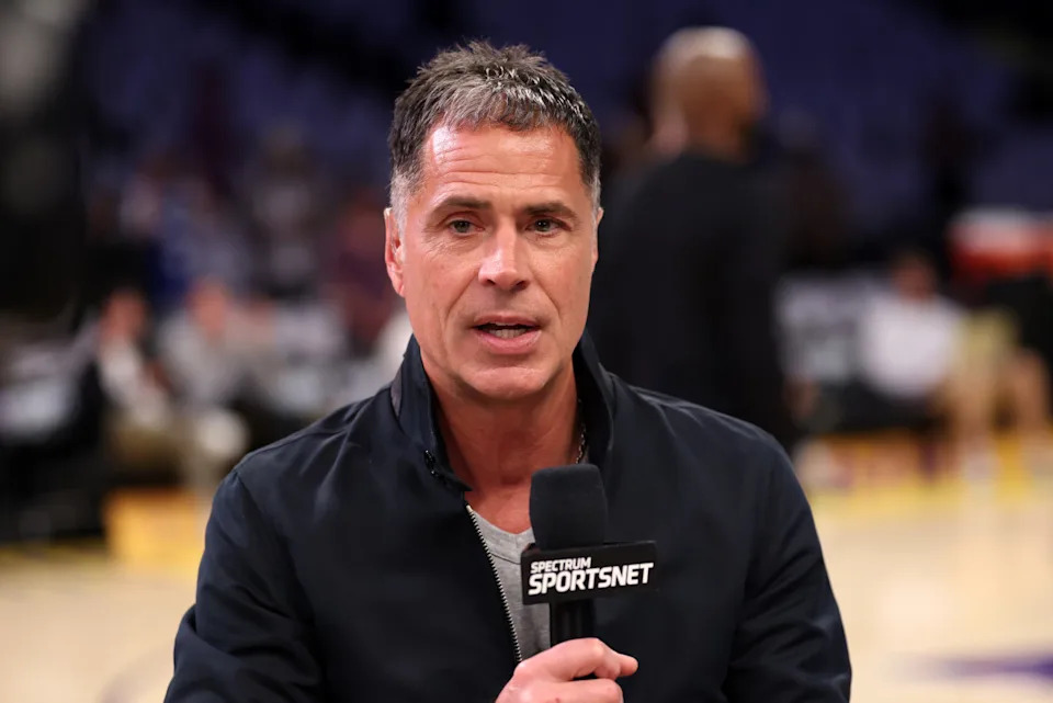 Los Angeles Lakers GM Rob Pelinka speaks before a game against the Minnesota Timberwolves at Crypto.com Arena.Kiyoshi Mio-Imagn Images