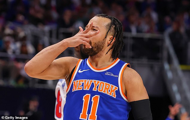 Brunson is seen celebrating a 3-pointer against the Pistons in the Knicks' first-round series