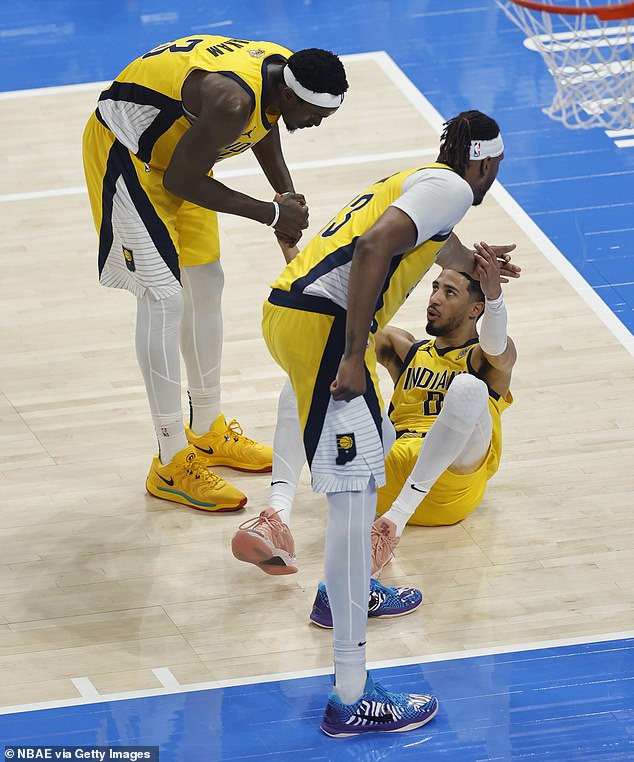 The Pacers superstar grabbed at his lower right leg after an awkward fall in the first quarter