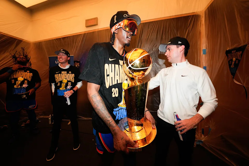 Jun 22, 2025; Oklahoma City, Oklahoma, USA; Oklahoma City Thunder forward Jalen Williams (8) celebrates after winning game seven of the 2025 NBA Finals against the Indiana Pacers at Paycom Center. Mandatory Credit: Kyle Terada-Imagn Images