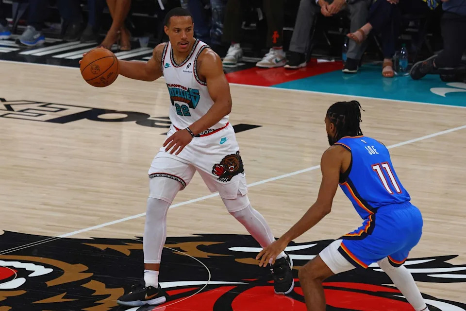 Memphis Grizzlies guard Desmond Bane (22) dribbles as Oklahoma City Thunder guard Isaiah Joe (11) defends.Petre Thomas-Imagn Images