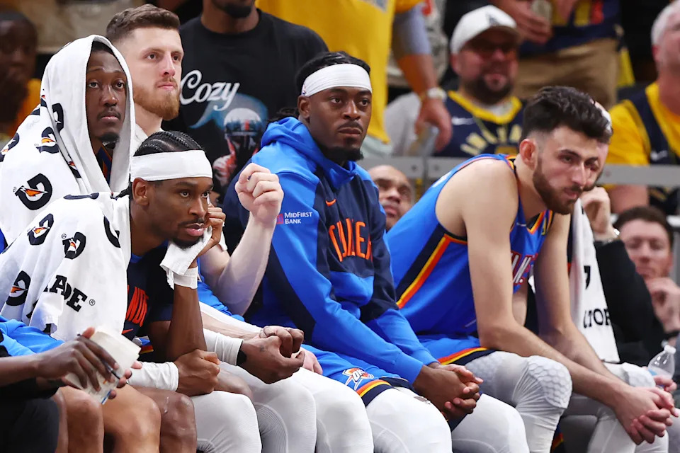 INDIANAPOLIS, INDIANA - JUNE 19:  The Oklahoma City Thunder look on from the bench during the fourth quarter against the Indiana Pacers in Game Six of the 2025 NBA Finals at Gainbridge Fieldhouse on June 19, 2025 in Indianapolis, Indiana. NOTE TO USER: User expressly acknowledges and agrees that, by downloading and or using this photograph, User is consenting to the terms and conditions of the Getty Images License Agreement. (Photo by Maddie Meyer/Getty Images)