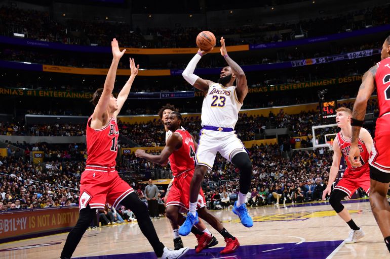 LOS ANGELES, CA - MARCH 22: LeBron James #23 of the Los Angeles Lakers shoots the ball during the game against the Chicago Bulls on March 22, 2025 at Crypto.Com Arena in Los Angeles, California. NOTE TO USER: User expressly acknowledges and agrees that, by downloading and/or using this Photograph, user is consenting to the terms and conditions of the Getty Images License Agreement. Mandatory Copyright Notice: Copyright 2025 NBAE Adam Pantozzi/NBAE via Getty Images/AFP (Photo by Adam Pantozzi / NBAE / Getty Images / Getty Images via AFP)