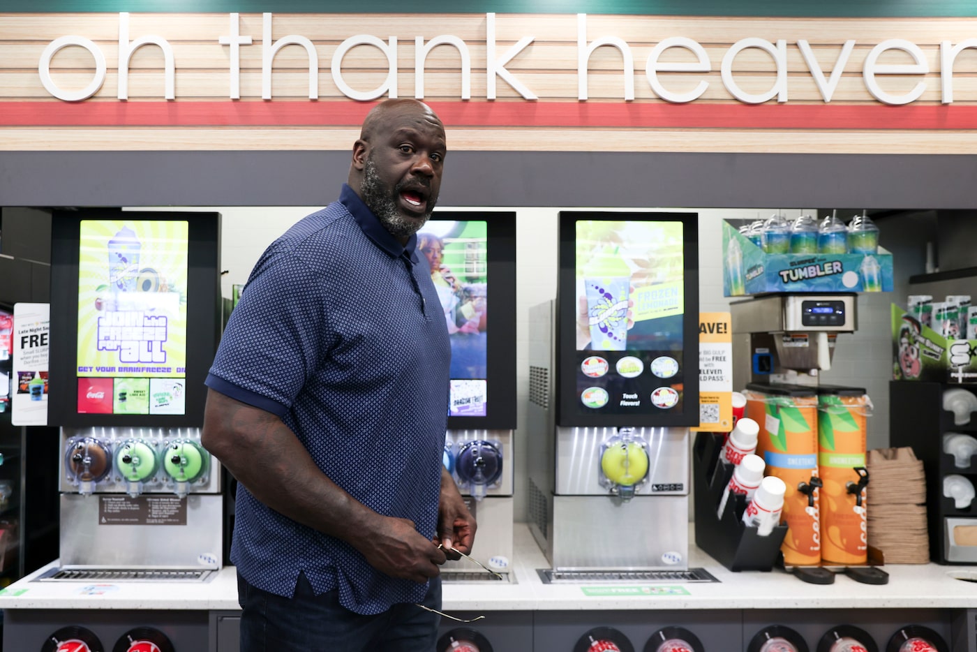 Shaquille O’Neal, walks into a 7-Eleven for an event with Texas-founded beverage brand,...