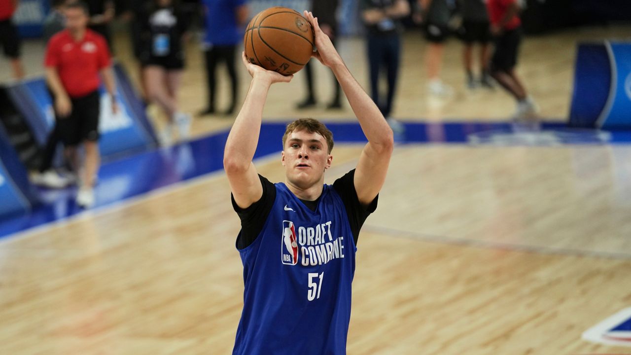 Cooper Flagg participates at the 2025 NBA basketball Draft Combine in Chicago, Tuesday, May 13, 2025. (AP Photo/Nam Y. Huh)