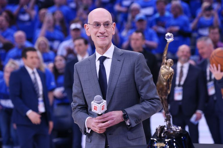 NBA commissioner Adam Silver is seen on the court prior to Game 2 of an NBA basketball Western Conference Finals playoff series