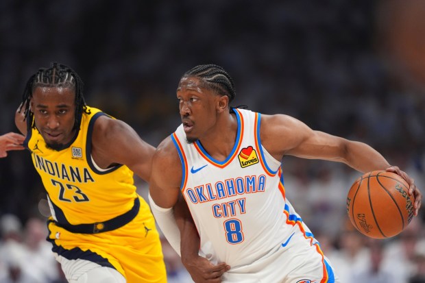 Indiana Pacers forward Aaron Nesmith (23) defends against Oklahoma City...
