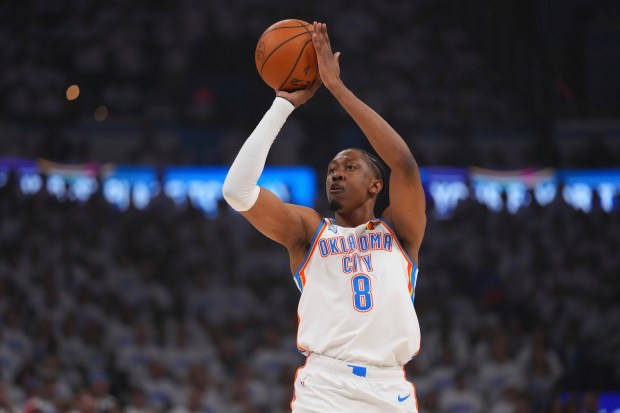 Oklahoma City Thunder forward Jalen Williams shoots during the first...