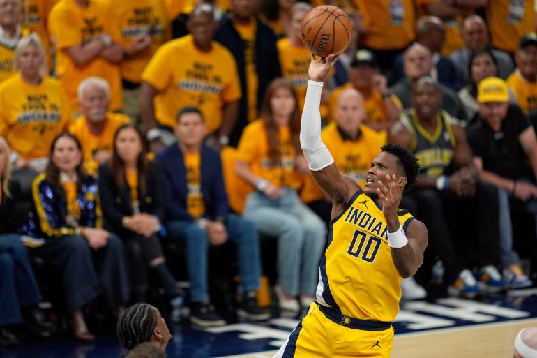 Indiana Pacers guard Bennedict Mathurin shoots against the Oklahoma City Thunder during the second half of Game 3 of the NBA Finals basketball series, Wednesday, June 11, 2025, in Indianapolis. (AP Photo/Abbie Parr)