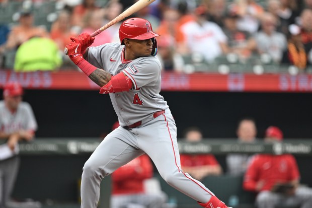Los Angeles Angels' Christian Moore at bat during the second inning of a baseball game against the Orioles. He got his first MLB hit, a triple, against the Yankees on June 16. (AP Photo/Terrance Williams)