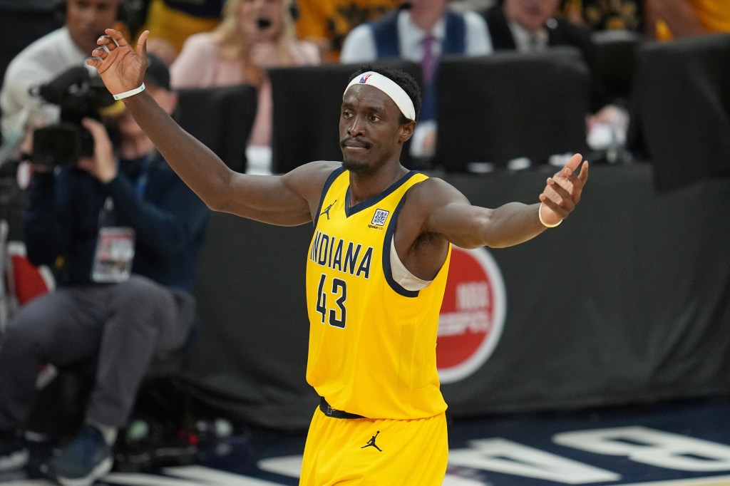 Indiana Pacers forward Pascal Siakam (43) celebrates a basket against the Oklahoma City Thunder during the second half of Game 6 of the NBA Finals basketball series, Thursday, June 19, 2025, in Indianapolis. 