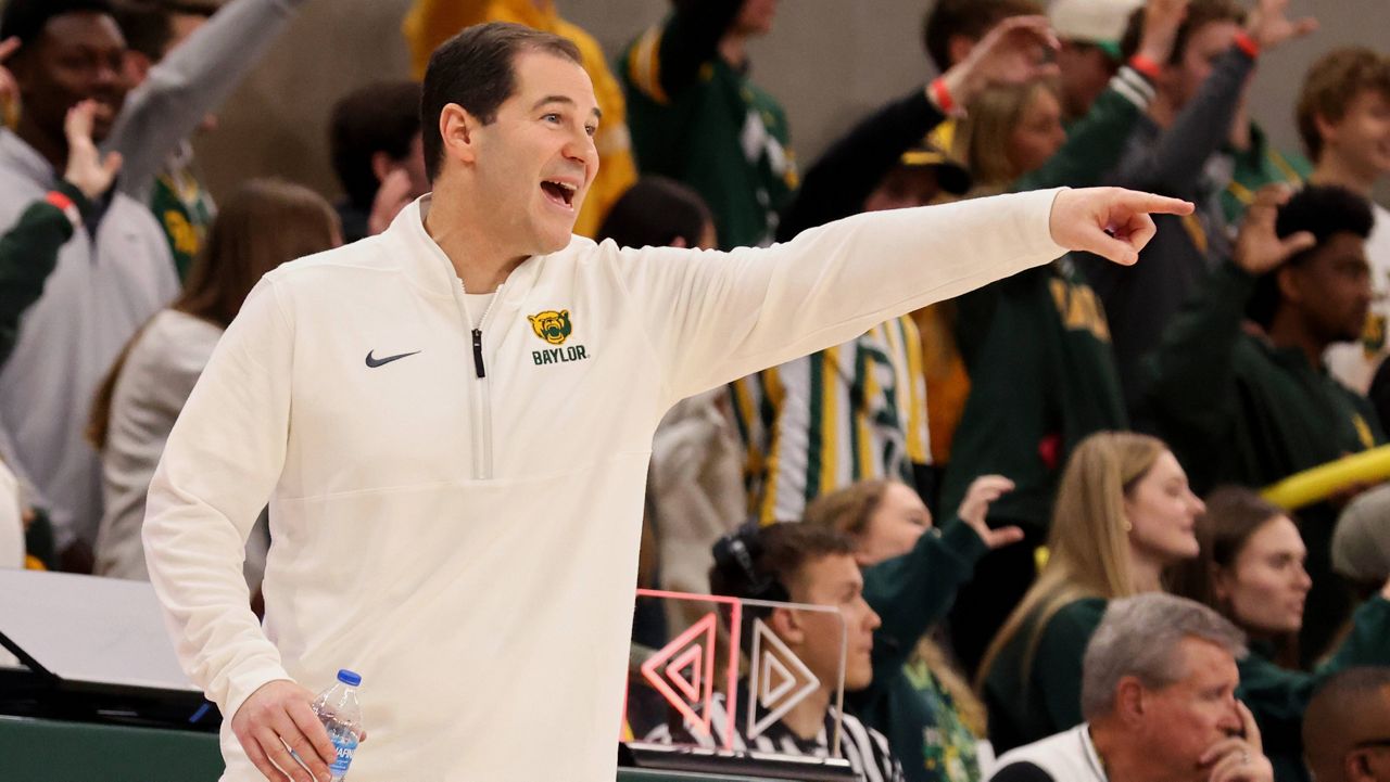 Baylor head coach Scott Drew directs his players in an NCAA college basketball game against TCU Sunday, Jan.19, 2025, in Waco, Texas. (AP Photo/Jerry Larson)