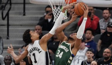 Milwaukee Bucks forward Giannis Antetokounmpo (34) is blocked by San Antonio Spurs center Victor Wembanyama (1) during the first half of an NBA basketball game in San Antonio, Friday, Jan. 31, 2025. (AP Photo/Eric Gay)