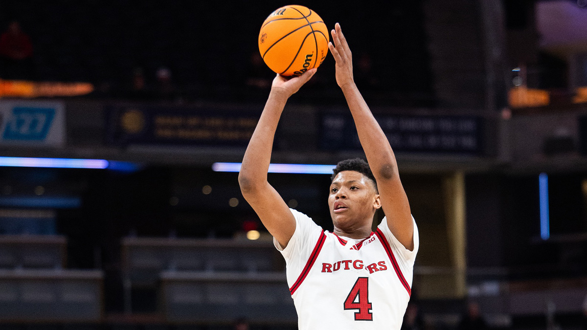 Rutgers Scarlet Knights guard Ace Bailey (4) shoots the ball in the second half against the USC Trojans at Gainbridge Fieldhouse.