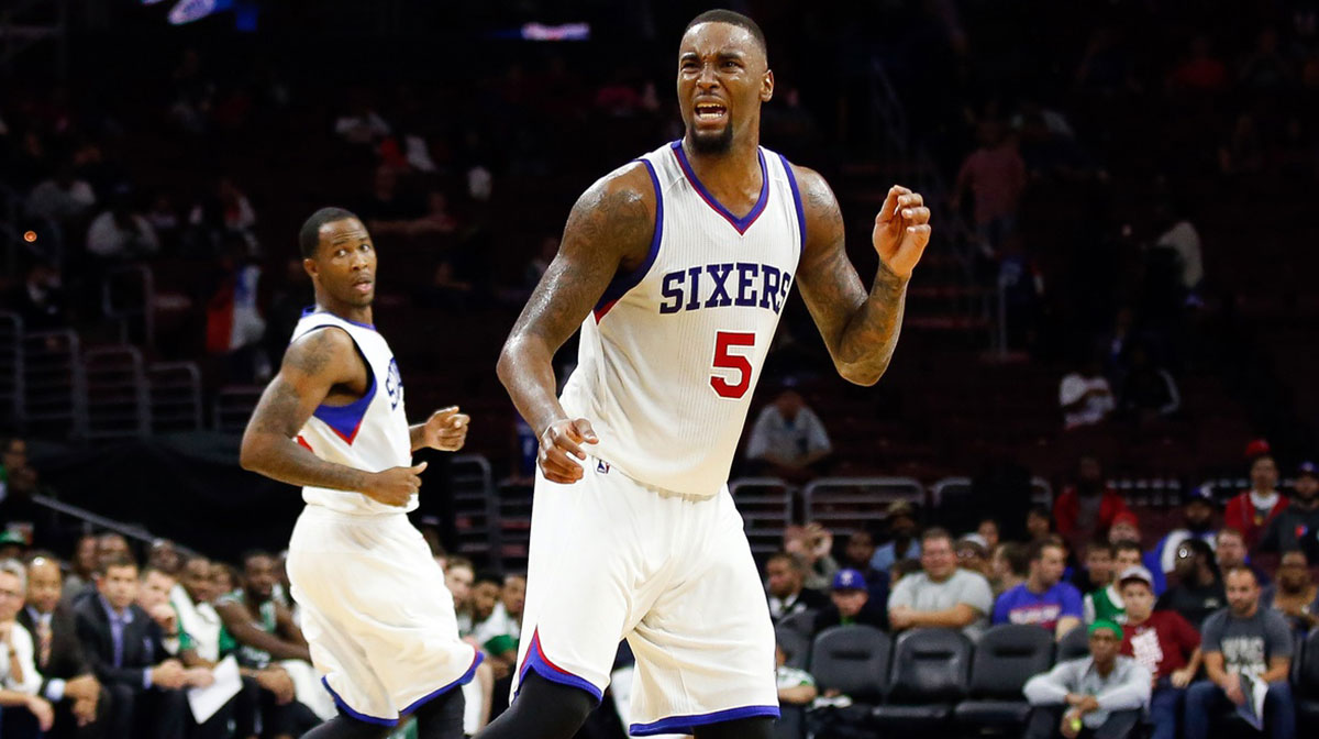 Philadelphia 76ers forward Arnett Moultrie (5) reacts after a missed shot against the Boston Celtics during the second half at Wells Fargo Center. The Celtics defeated the Sixers 111 to 91.