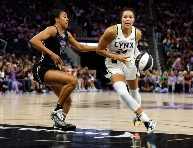 Minnesota Lynx's Napheesa Collier (24) dribbles against Golden State Valkyries' Monique Billings (25) in the fourth quarter at the Chase Center in San Francisco, Calif., on Sunday, June 1, 2025. (Nhat V. Meyer/Bay Area News Group)