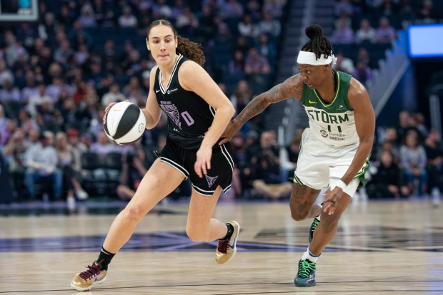 Carla Leite of the Valkyries drives in the first half against Erica Wheeler of the Seattle Storm at the Chase Center in San Francisco, CA on Saturday, June 14, 2025. (Don Feria for Bay Area News Group)