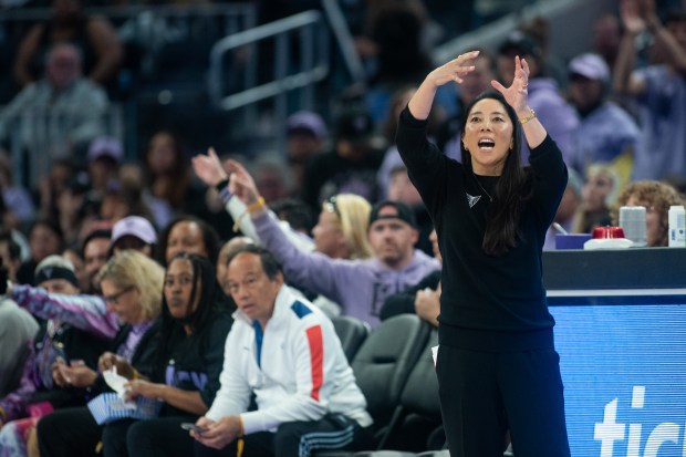 Golden State Valkyries Head Coach Natalie Nakase talks to her team from the sidelines in the second half against the Seattle Storm at the Chase Center in San Francisco, CA on Saturday, June 14, 2025. (Don Feria for Bay Area News Group)