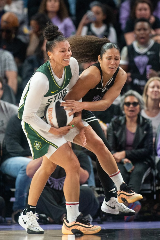 Golden State Valkyries guard Veronica Burton struggles for the ball in the second half against the Seattle Storm at the Chase Center in San Francisco, CA on Saturday, June 14, 2025. (Don Feria for Bay Area News Group)