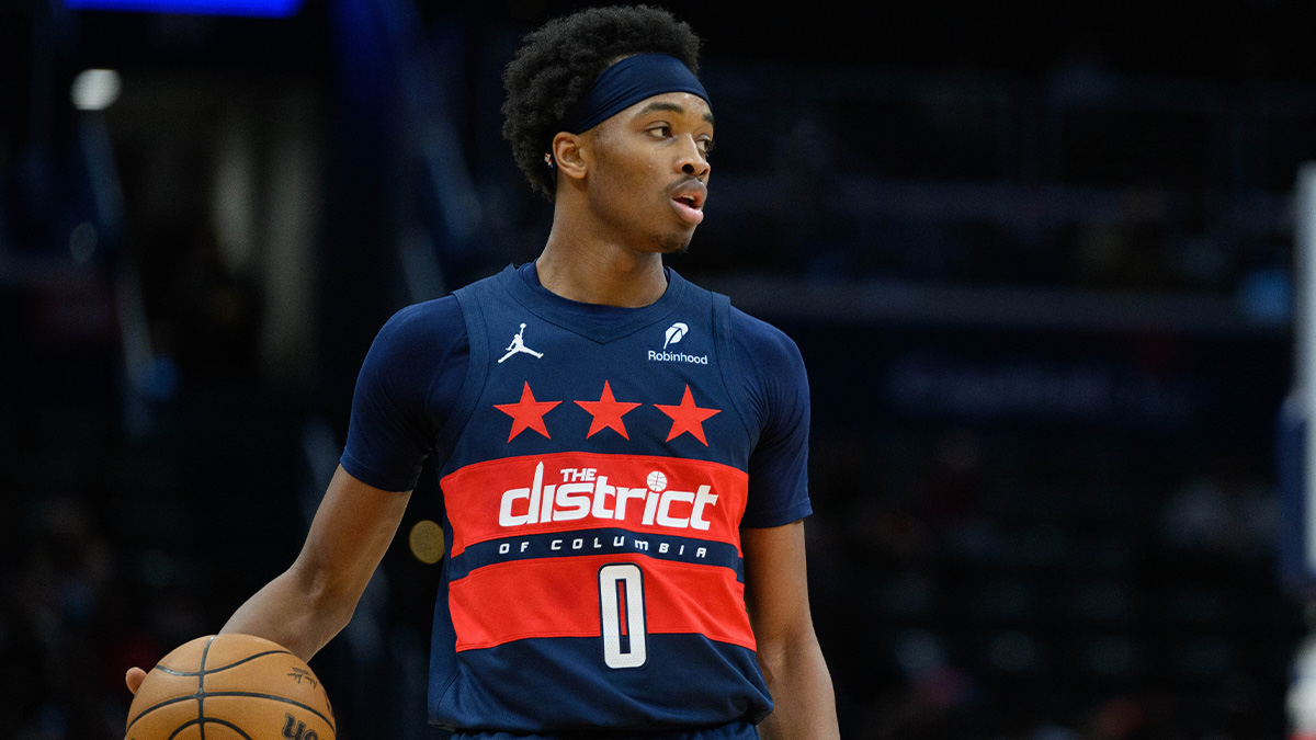 Washington Wizards guard Bilal Coulibaly (0) handles the ball during the second quarter against the Utah Jazz at Capital One Arena.