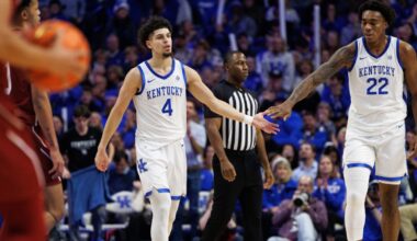 Dec 11, 2024; Lexington, Kentucky, USA; Kentucky Wildcats center Amari Williams (22) fives guard Koby Brea (4) during the second half against the Colgate Raiders at Rupp Arena at Central Bank Center. Mandatory Credit: Jordan Prather-Imagn Images