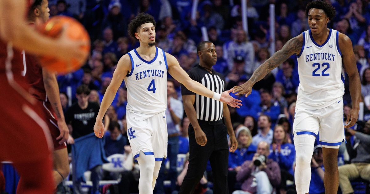 Dec 11, 2024; Lexington, Kentucky, USA; Kentucky Wildcats center Amari Williams (22) fives guard Koby Brea (4) during the second half against the Colgate Raiders at Rupp Arena at Central Bank Center. Mandatory Credit: Jordan Prather-Imagn Images