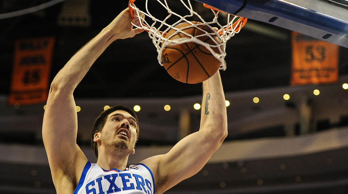 Philadelphia 76ers center Byron Mullens (30) dunks during the 4th quarter of the game against the Orlando Magic at Wells Fargo Center. The Orlando Magic won the game 101-90.