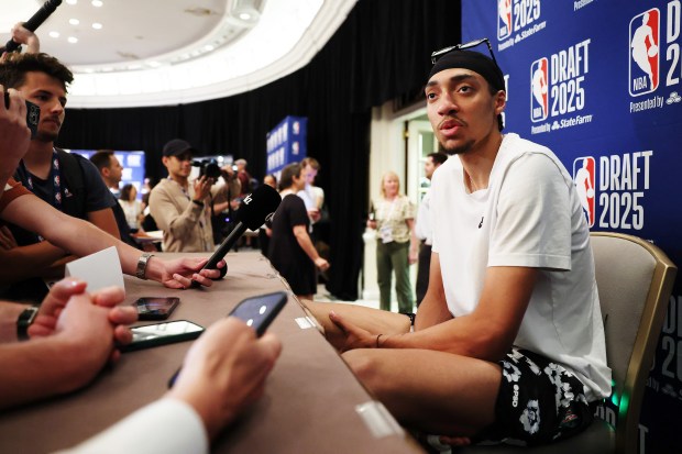 Noa Essengue speaks during a media availability prior to NBA draft at Lotte New York Palace on June 24, 2025. (Photo by Sarah Stier/Getty Images)