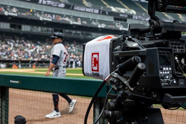 A camera for Chicago Sports Network is used in the dugout while the White Sox and Tigers play on June 5, 2025, at Rate Field. (Brian Cassella/Chicago Tribune)